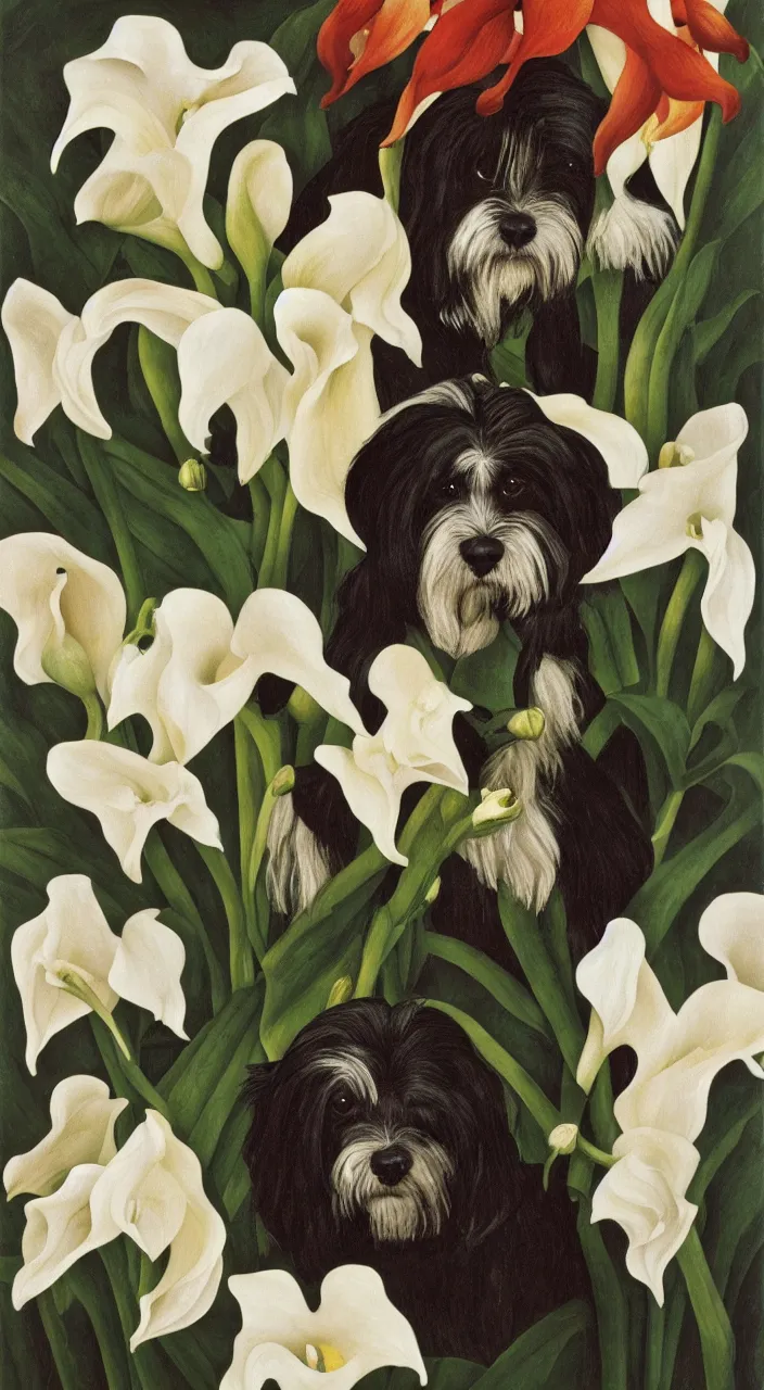 Image similar to portrait of a havanese dog with calla lillies, mexico, painting # by diego rivera 1 9 3 5