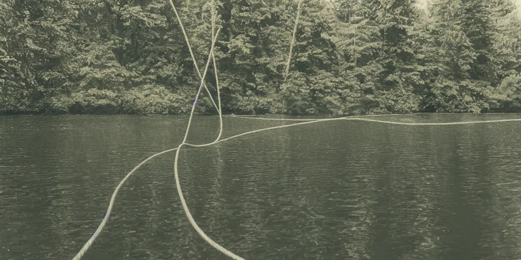 Image similar to centered photograph of a long rope snaking across the surface of the water, thick rope stretching out towards the center of the lake, a dark lake on a cloudy day, color film, trees in the background, hyper - detailed photo, anamorphic lens