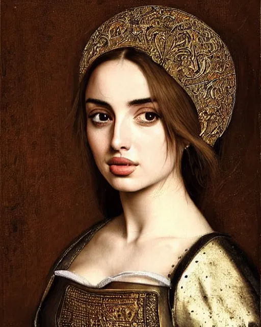 Prompt: medieval portrait of stunning ana de armas, dressed as an armored knight, perfect face, in the style of eugene de blaas