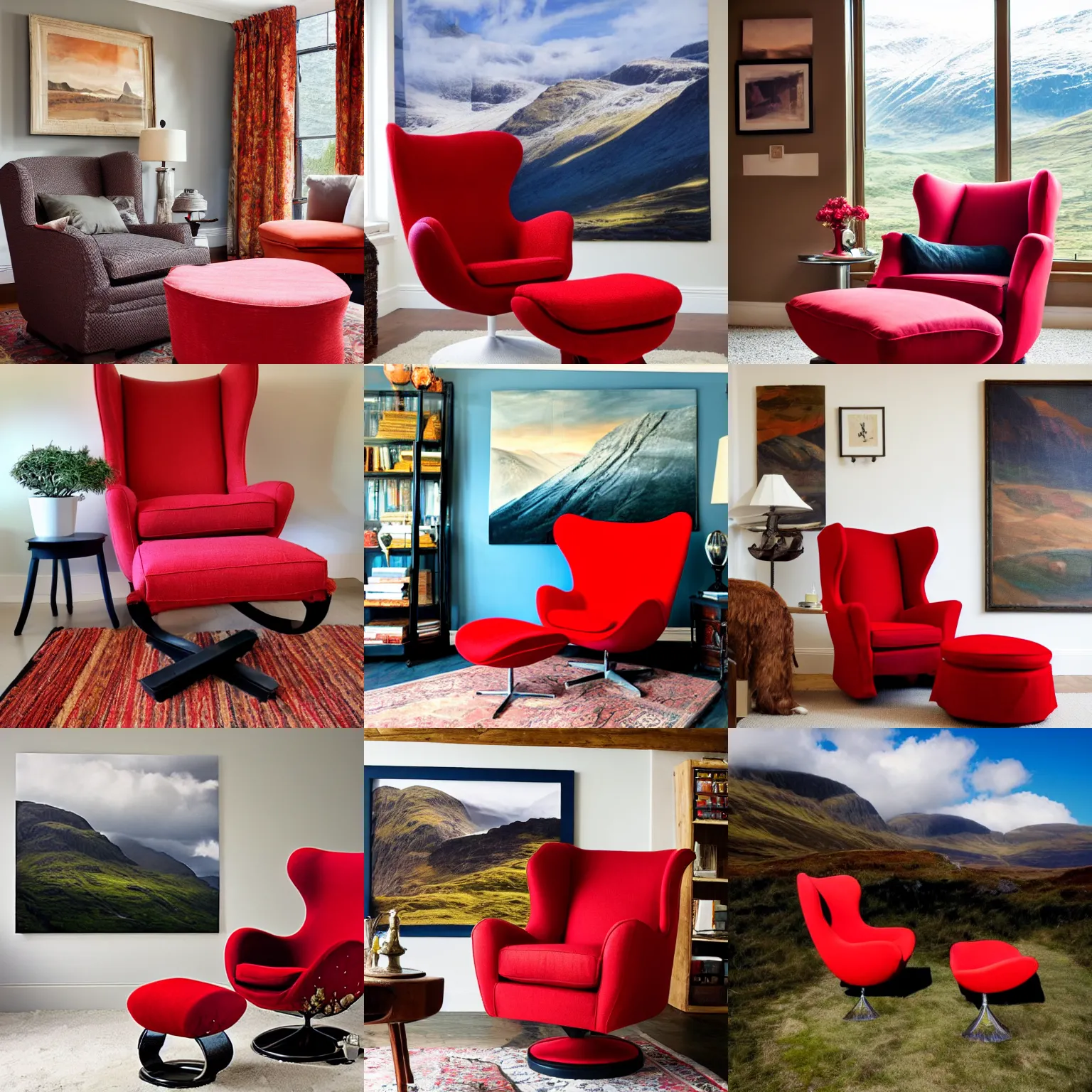 Prompt: scottish mountains landscape with a red wingback egg chair with ottoman