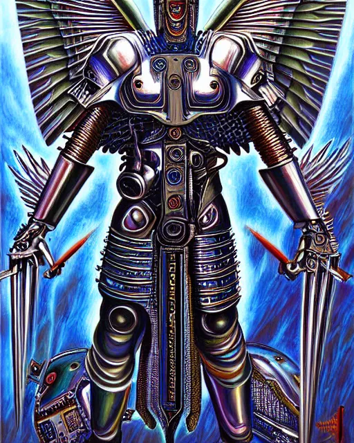 Image similar to Detailed Painting Of a Cyberpunk warrior Archangel knight brute in battle armor with metal metallic wings by Alex Grey