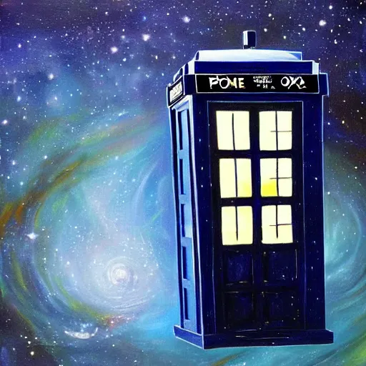 Prompt: oil painting of the tardis from dr who flying through space. beautiful. space.