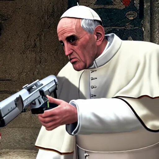 Image similar to the pope shooting a gun as a game character in gta 5, game graphics, game screenshot