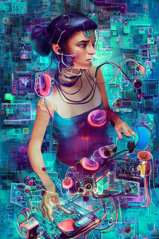 Prompt: epic 3 d abstract 🇵🇷 laptop hacker, spinning hands and feet, 1 6 mm, plum and teal peanut butter melting smoothly into asymmetrical mushrooms and smartphones, thick wires looping, wavy, kinetic, floating headsets, houdini sidefx, deviantart, by jeremy mann, ilya kuvshinov, jamie hewlett and ayami kojima