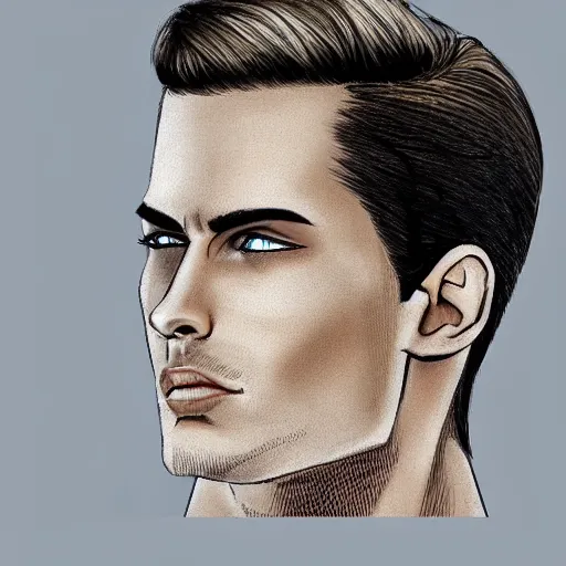 Prompt: a tall, lean man with light tan skin, blue eyes, and shoulder - length, slicked - back blonde hair combed down to the nape of his neck, long face with sunken cheeks and a well defined jawline, three vertical scars over his left eye, dressed casually, art by artgerma