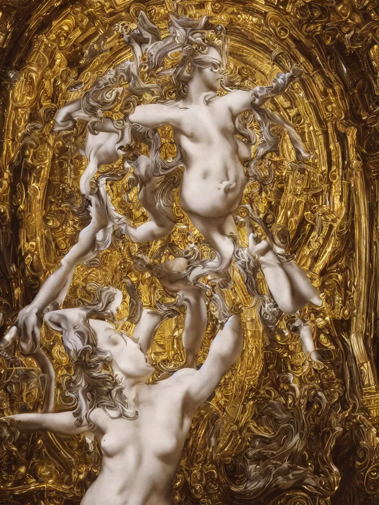 Image similar to marble sculpture depicting a woman programming the samsara holy cluster, hi tech, cybernetic, dramatic lighting, digital photography, stunning, visionary, hyper realistic, beautiful, wow, gilt metal, rich marbles, by gian lorenzo bernini, by jean delville, ultra detailed, sharp