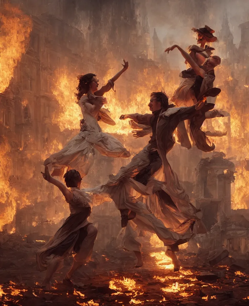 Prompt: concept art of a couple dancing in the middle of ruins of a victorian city surronded by fire, by j. c. leyendecker, wlop, ruins, dramatic, octane render, epic painting, extremely detailed