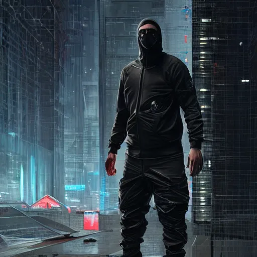 Image similar to A broad shouldered, muscular man in a Acronym Riot Division Nike techwear outfit, Acronym P31-ds pants, trending on r/techwearclothing, high quality, digital art, cyberpunk city, Summer, greg rutkowski