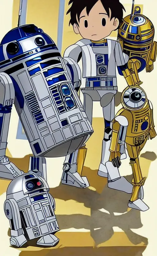 Prompt: R2-D2 and C-3PO, anime, style of studio ghibli,