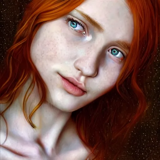 Image similar to a highly detailed, hyper realistic, red haired young woman, with long hair, green eyes, hint of freckles, gentle face, cheeky smile, among golden fireflies, deep focus, elegant, digital painting, smooth, sharp focus, golden ratio, illustration, ultra realistic, 8 k, art by artgerm and caravaggio