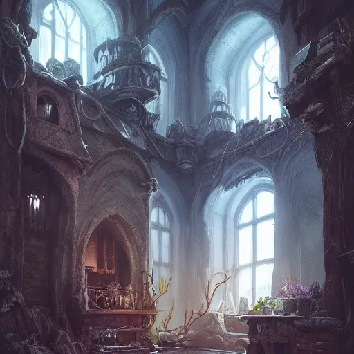 Prompt: interior witch's house, fantasy art, in the style of greg rutkowski, illustration, epic, fantasy, cinematic, intricate, hyper detailed, artstation, concept art, smooth, sharp focus, ray tracing