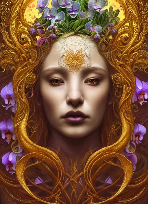 Prompt: portrait of the young goddess of iridescent orchids, unusually unique beauty, flowers and plants and vegetables, emotionally evoking symbolic metaphors, head in focus, fantasy, heavily gothic ornamental, intricate, elegant, sensual, highly detailed digital painting, artstation, concept art, painterly, golden ratio, sharp focus, illustration, art by greg rutkowski and alphonse mucha,