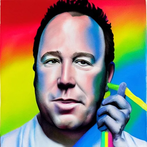 Image similar to alex jones holding a flog, rainbow colors, oil on canvas