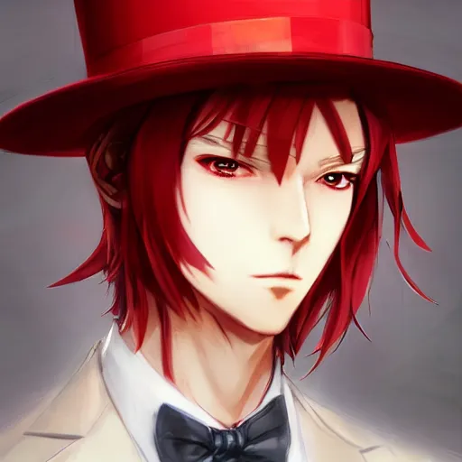 Image similar to semi realistic anime illustration of top hat wearing red haired effeminate man, with beautiful hyperdetailed eyes, facing camera directly, full face portrait made by Stanley Artgerm, WLOP, Rossdraws, James Jean Andrei Riabovitchev, Marc Simonetti, Yoshitaka Amano, Artstation