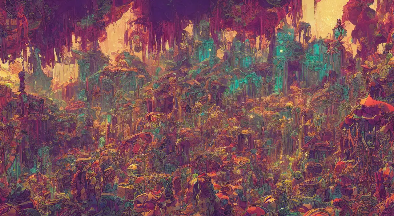 Prompt: vibrant multicolor wonderland bazaar zouk old egypt epic fantasy painting photoshop that looks like it is from borderlands and by feng zhu and loish and laurie greasley, victo ngai, andreas rocha, john harris