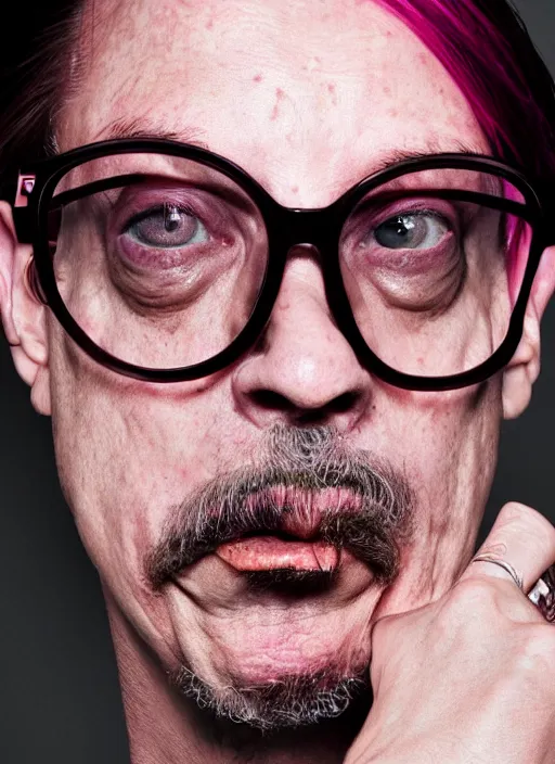 Prompt: portrait of a Steve Buscemi cyberpunk pink hairstyle serious facial expression hipster glasses by Mario Testino, headshot, detailed, award winning, Sony a7R