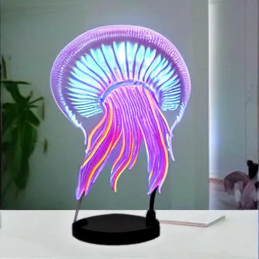 Image similar to a modern desk lamp shaped like a jellyfish. glowing, cool illumination,