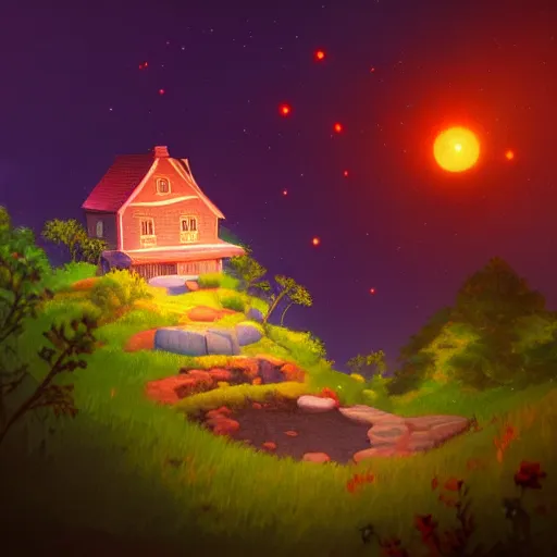 Prompt: beautiful 3 d painting of a colourful house on a hilltop at midnight with small fireflies flying around, in the style of studio ghibli, artstation, unreal engine