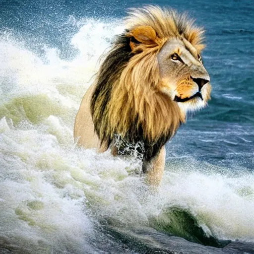 Image similar to a lion's face breaching through a wave, stormy weather