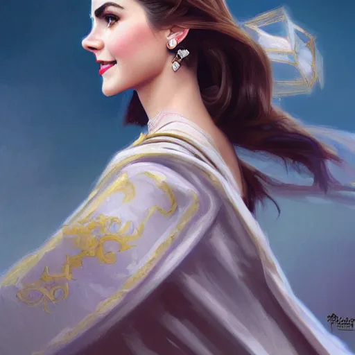 Image similar to A combination of Victoria Justice's and Grace Kelly's and Emma Watson's appearances as Master Chief, full body portrait, western, D&D, fantasy, intricate, elegant, highly detailed, digital painting, artstation, concept art, matte, sharp focus, illustration, art by Artgerm and Greg Rutkowski and Alphonse Mucha