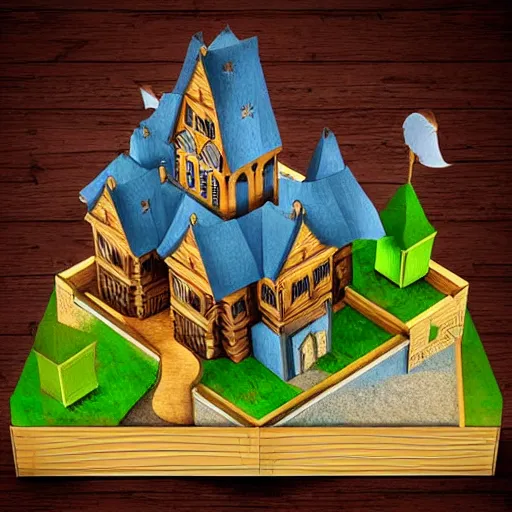 Image similar to wooden castle,cartoony,isometric sky view,3D,diorama,high quality!!!!!!!!!!!!!!!