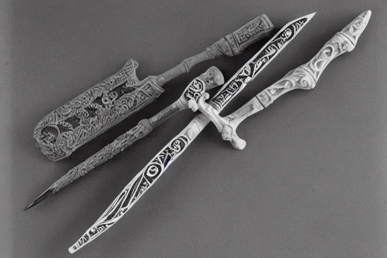 Prompt: ornate bone dagger with intricate carvings, museum catalog photograph