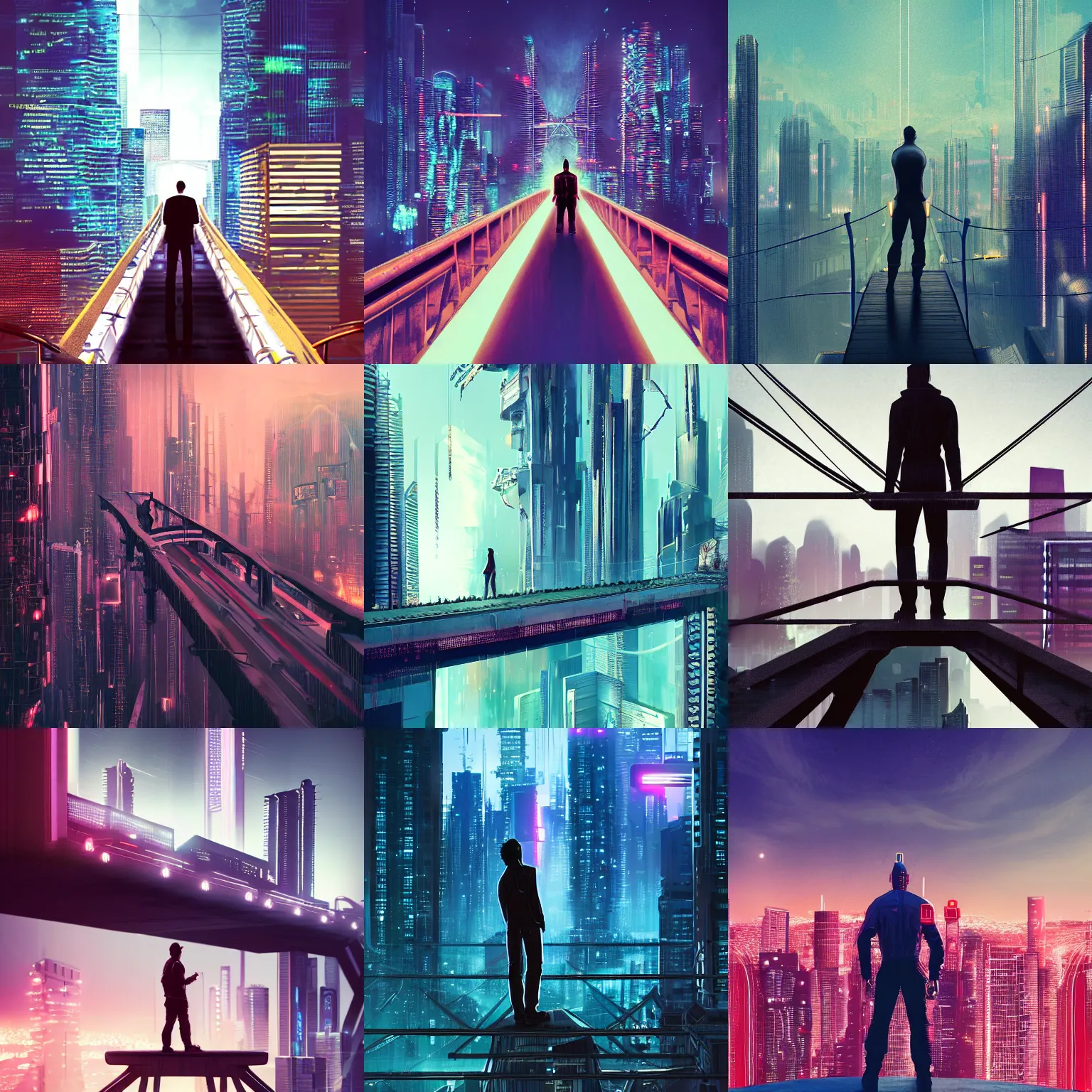 Image similar to a man standing on top of a bridge over a city, cyberpunk art by Vincent Lefevre, behance contest winner, altermodern, cityscape, synthwave, matte painting