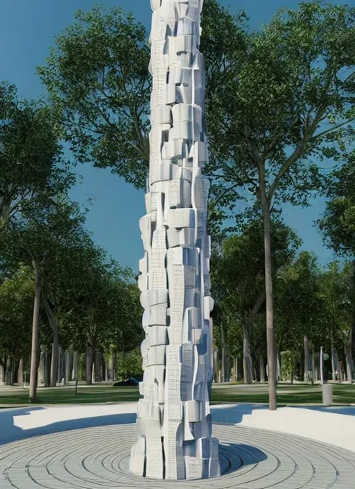 Image similar to highly detailed realistic architecture 3 d render of a futurisctic stele column monument made from spheres in frank gehry style standing in a city park, archdaily, made in unreal engine 4 octane render