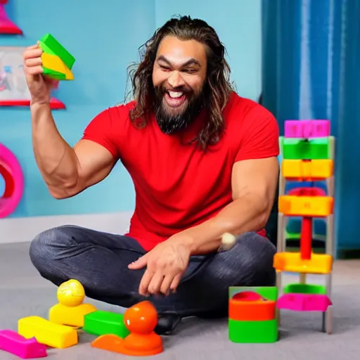 Image similar to A still of a happy, excited Jason Momoa playing with a Fisher-Price stacking toy in a toy commercial, 4k resolution, hyperdetailed, studio lighting