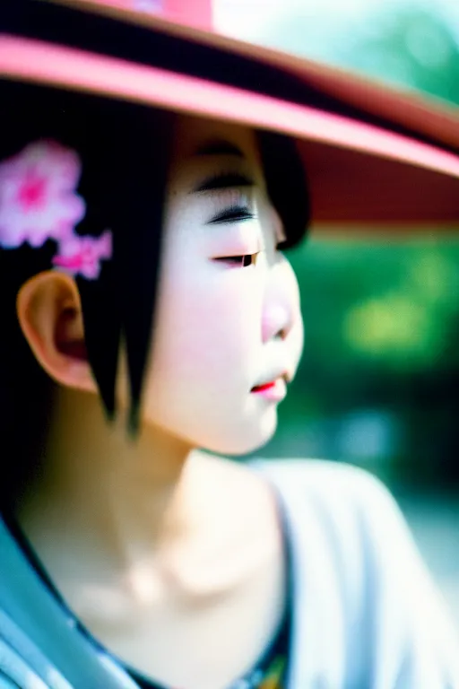 Prompt: photography street portrait of a beautiful japanese woman sitting in ueno park, shot on cinestill 5 0 d with a 3 5 mm lens aperture f / 5. 6, dynamic composition, close up, full frame, full res