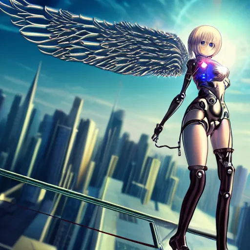 Prompt: cute endowed cyborg - angel girl with large angelic wings standing on the edge of a rooftop overlooking a floating city, left eye gold and right eye silver, biomechanical details, bionic cyborg implants, digital cyberpunk - anime art, full body shot, reflections, lens flare, wlop, ilya kuvshinov, artgerm, krenz cushart, greg rutkowski