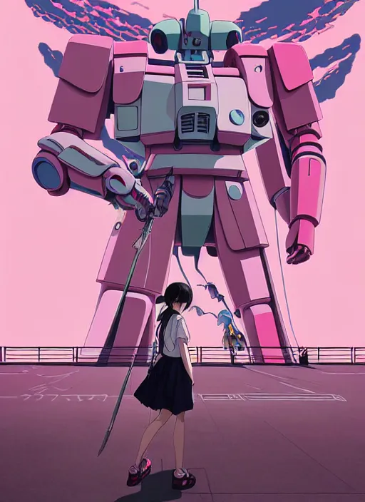 Image similar to Artwork by James Jean, Phil noto and hiyao Miyazaki; a young Japanese future samurai police girl named Yoshimi battles an enormous looming evil natured carnivorous pink gundam robot on the streets of Tokyo; Japanese shops and neon signage; crowds of people running; Art work by studio ghibli, Phil noto and James Jean