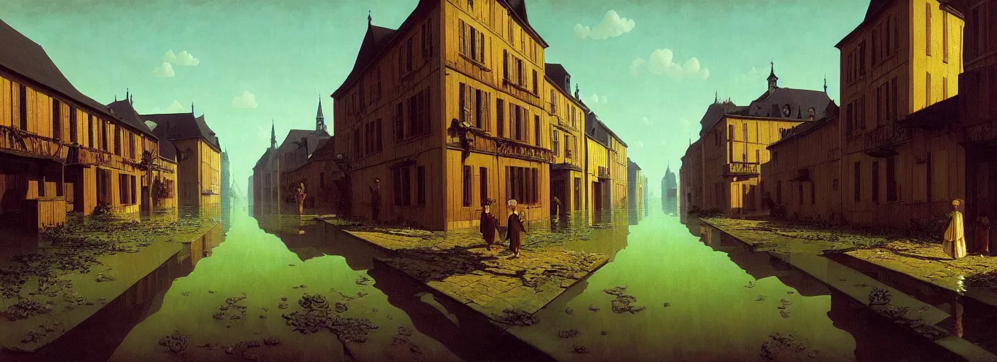 Image similar to flooded old wooden city street, very coherent and colorful high contrast masterpiece by rene magritte simon stalenhag carl spitzweg jim burns, full - length view, dark shadows, sunny day, hard lighting, reference sheet white background