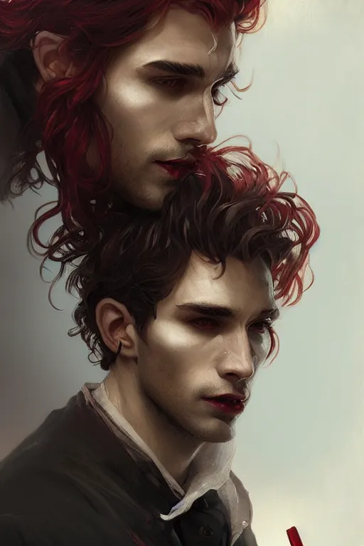 Image similar to portrait of a beautiful young fit male vampire with curly white hairs, dressed with urban clothes, by greg rutkowski and alphonse mucha, d & d character, gradient white to red, modern nocturnal background, highly detailed portrait, digital painting, artstation, concept art, smooth, sharp focus ilustration, artstation hq