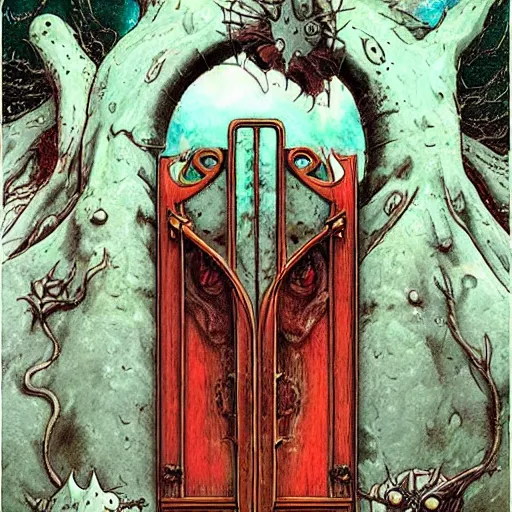 Image similar to gate portal with another world visible inside style studio ghibli and Gerald Brom, sprites flyng inside, dreamy, mystical, dark