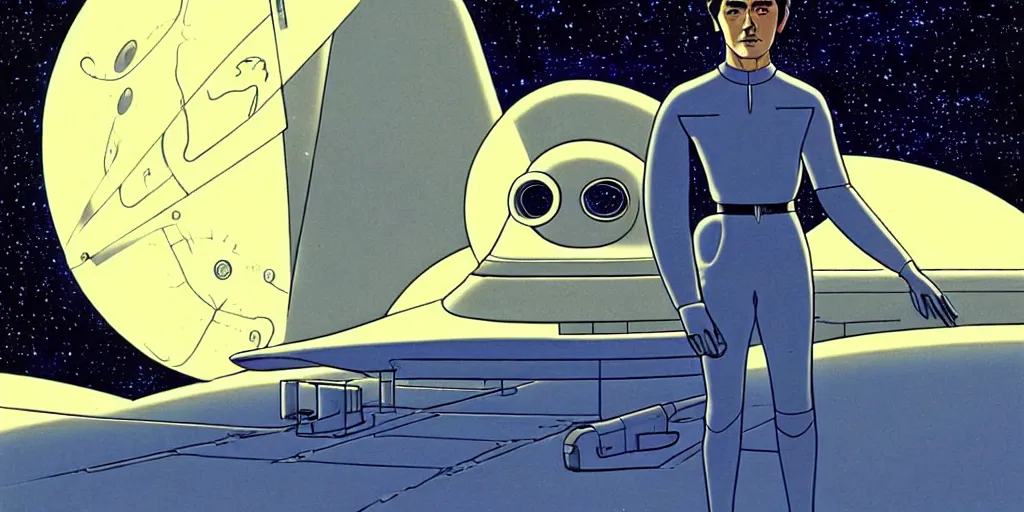 Image similar to a portrait of lonely single Alain Delon alone pilot in posing in symmetrical spaceship station planet captain bridge outer worlds extraterrestrial hyper contrast well drawn in FANTASTIC PLANET La planète sauvage animation by René Laloux