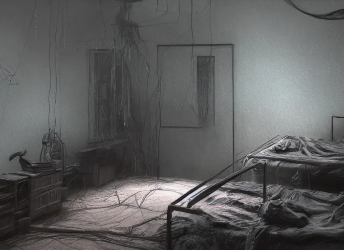 Image similar to rgb, sadness, bedroom full of water, sadness, cinematic, movie scene, inspired by zdzislaw beksinski, clothes made out of veins,, cables everywhere, bedroom, ultra realistic, concept art, intricate details, highly detailed, photorealistic, octane render, 8 k