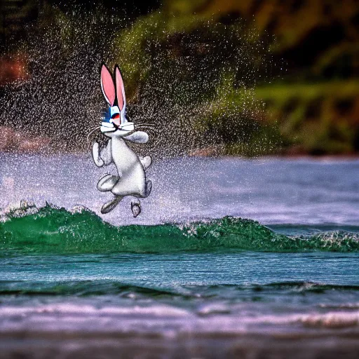 Prompt: Photo of Bugs Bunny running through the ocean, photography, HDR