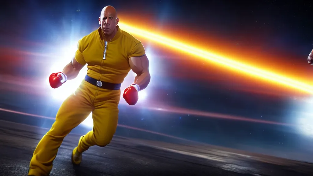 Image similar to extreme wide shot of vin diesel as saitama!!! punching!!! a car!!!!!! into space, ultra realistic, lens flare, atmosphere, glow, detailed, intricate, full of colour, cinematic lighting, trending on artstation, 4 k, hyperrealistic, focused, extreme details, unreal engine 5, cinematic, masterpiece