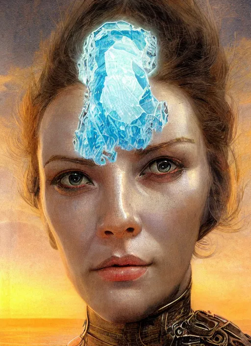 Prompt: biblical shy beautiful female ice mage android, heavy eyes to the side, closeup, bright glowing veins and eyes, in clouds, sunset, portrait, by gerald brom, by mikhail vrubel, by peter elson, muted colors, extreme detail, reflections, trending on artstation, 8 k