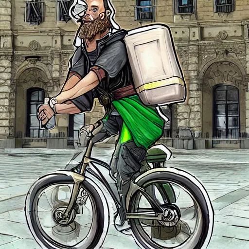 Image similar to a bearded and long haired bicycle food delivery worker with a green bag on his back in rossio lisbon, he has boots, hearthstone art style, epic fantasy style art by kim jung gi, fantasy epic digital art