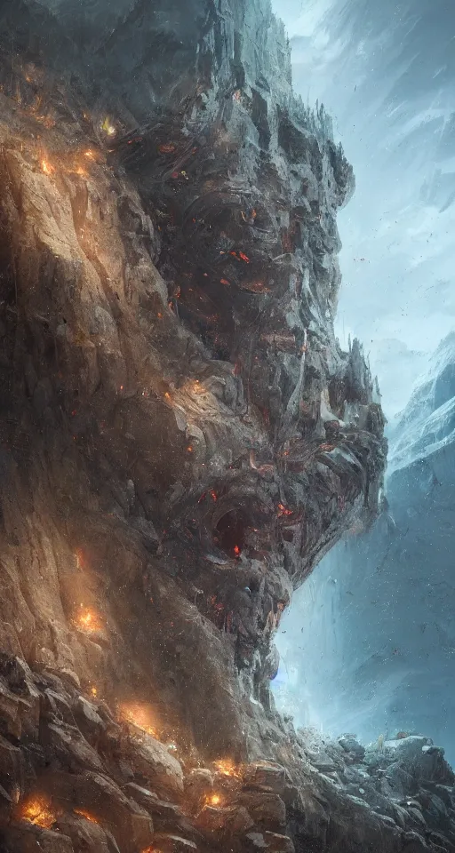 Image similar to a detailed portrait of a giant robotic face buried half way in a cliff by Greg Rutkowski, Sung Choi, Mitchell Mohrhauser, Maciej Kuciara, Johnson Ting, Maxim Verehin, Peter Konig, final fantasy, Marco lense , 8k photorealistic, cinematic lighting, HD, high details, atmospheric , trending on artstation