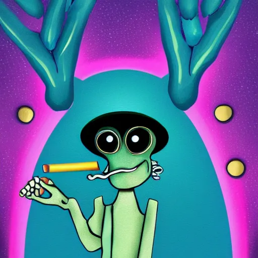 Image similar to Cute friendly portrait of an alien smoking weed, digital art, featured on artstation, fine details