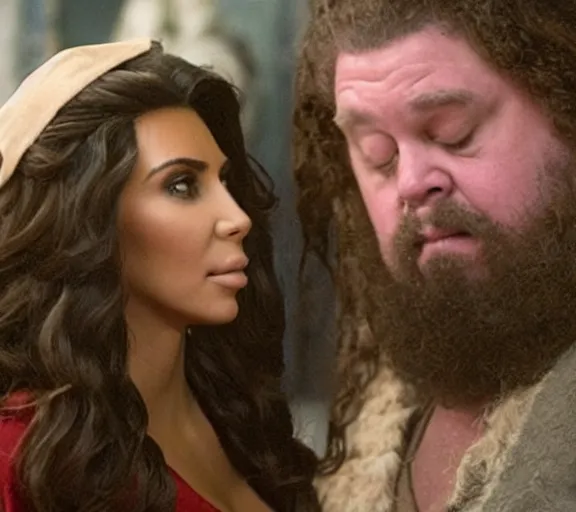 Image similar to a movie still of kim kardashian kissing hagrid in the movie harry potter