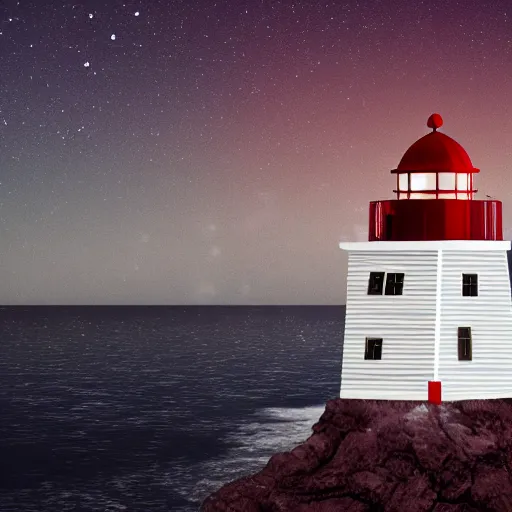 Prompt: A red and white striped lighthouse shining out onto the sea; a white house with a red roof with the lights on inside; thin dark trees behind; nighttime with stars behind; full moon;Octane 8K Rendering,