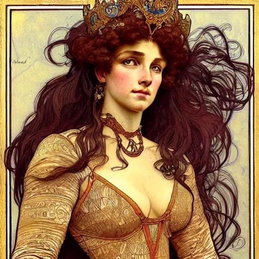 Image similar to highly detailed portrait of a majestic lioness queen in the form of a beautiful woman. d & d, art by anton pieck and augustus edwin mulready and alphonse mucha. trending on artstation, intricate details, energetic composition, golden ratio, concept art, illustration, elegant art