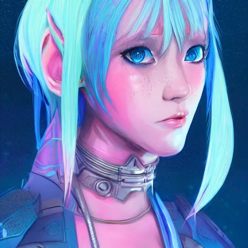 Image similar to art championship winner vivid colors trending on artstation portrait of a goddess elven mecha warrior princess, head and shoulders, blue hair, matte print, pastel pink neon, cinematic highlights, lighting, digital art, cute freckles, digital painting, fan art, elegant, pixiv, by Ilya Kuvshinov, daily deviation, IAMAG, illustration collection aaaa updated watched premiere edition commission ✨✨✨ whilst watching fabulous artwork \ exactly your latest completed artwork discusses upon featured announces recommend achievement