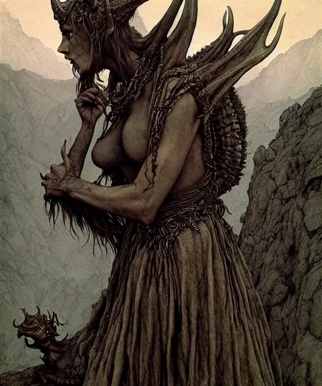 Image similar to A detailed horned dragonwoman stands among the hills. Wearing a ripped mantle, robe. Perfect faces, extremely high details, realistic, fantasy art, solo, masterpiece, art by Zdzisław Beksiński, Arthur Rackham, Dariusz Zawadzki