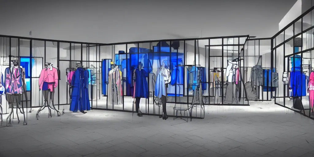 Prompt: eerie abandoned clothing shop in the mall at night, dark, blue lighting, award - winning anime digital art