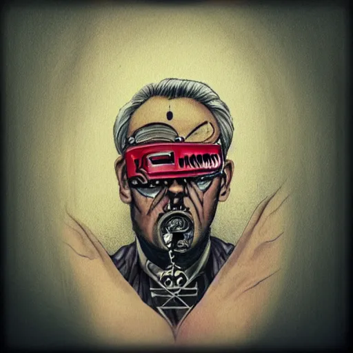 Prompt: old man with cyberarm and eyepatch, face tattoos, punk, grunge, rough, paint, scratchy, science fiction, cyberpunk, retrofuture, illustration